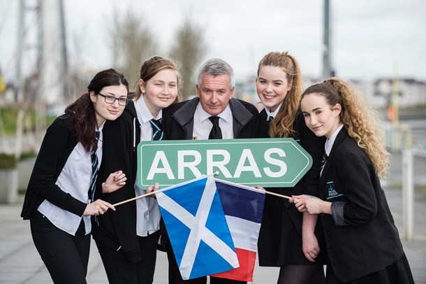 Des Brogan with S3 pupils, Mercat Tours International, prepares for the 100th Commemoration trip to Arras