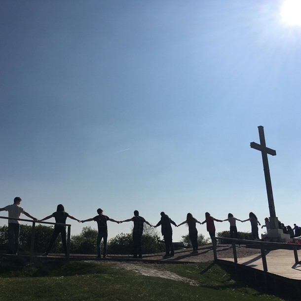 Students at Lochnagar Crater, site of WW1 explosion, on a Battlefield Tour Experience